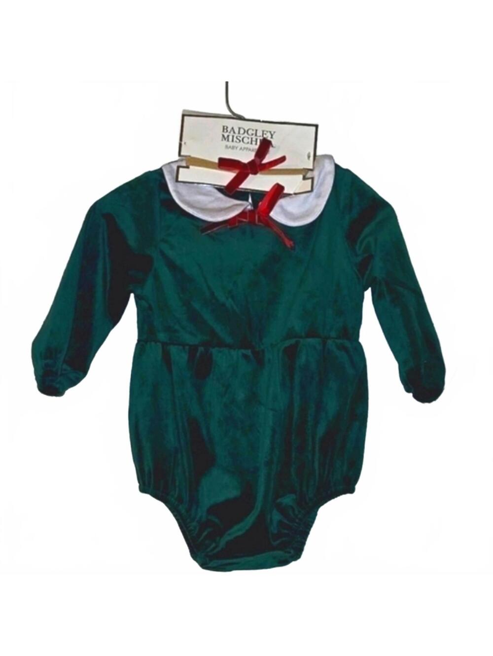 New Badgley Mischka Green Velvet Red Bow White Collar Onsie 9-12 Months